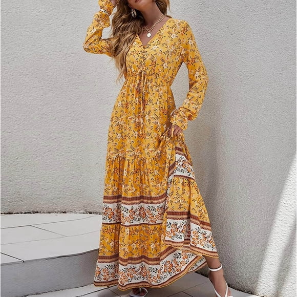 Styesk Dresses for Women Women Fashion Comfortable Winter Casual Floral Print Long Sleeve V-Neck Dress