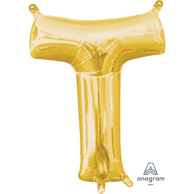 Anagram International Party-Eh! Gold Letter T Balloon inflated with shiny metallic gold foil, front-facing with hanging loops, designed for party decorations without helium, suitable for adding a festive touch to celebrations.