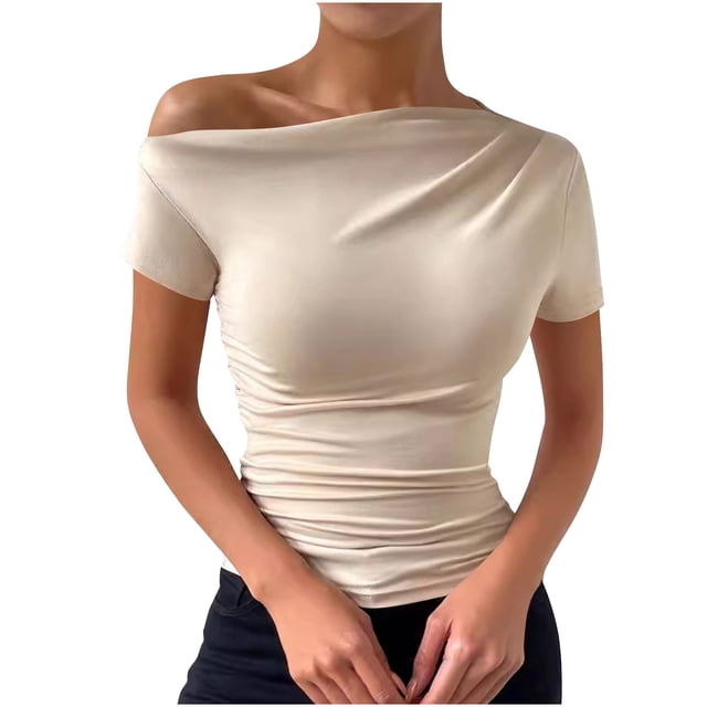 Plebaso Women's One Shoulder Tops Short/Long Sleeve Slim Shirts Ruched Going out Tees Shirts for Women
