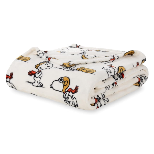 Cute Cartoon Snoopy Flannel Blanket with a folded design showcasing Snoopy in red, yellow, and black accents on a soft white background. Crafted from anti-pilling flannel, this lightweight, hypoallergenic, shrink-proof, and wrinkle-proof blanket is perfect as a kids' throw blanket, sofa decoration, or for travel.
