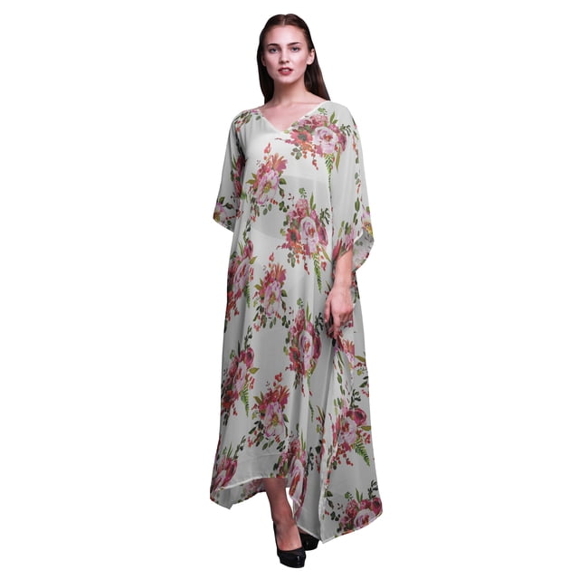 Bimba Kaftan de Plage Floral, Paréo de Bikini, Robe Maxi pour Femmes, Long Caftan-S-L