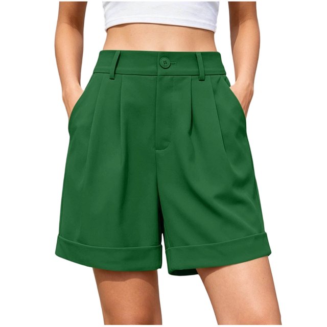 Fsgntruao Women's Fashion Solid Color Elastic Waist Pocket Button Zipper Shorts Pants