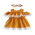 thumbnail image 1 of 2 Pcs Infant Floral Lace Outfits  Girls Cold Shoulder Contrast Color  Neck Dress + Bow Headband, 1 of 7