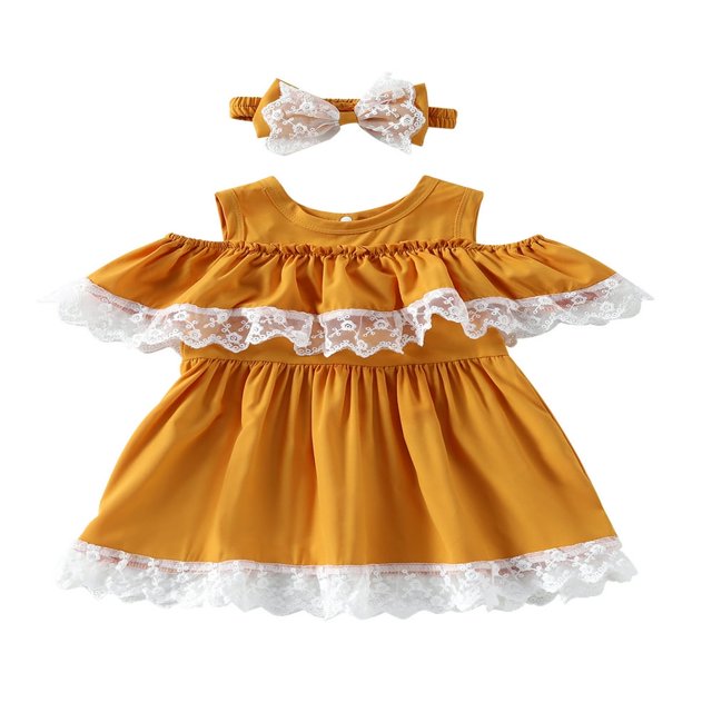 2 Pcs Infant Floral Lace Outfits Girls Cold Shoulder Contrast Color Neck Dress + Bow Headband