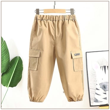 Boys Casual Trousers Cargo Pants Fashion Solid Color Length Pants Elastic Cuffs Pants