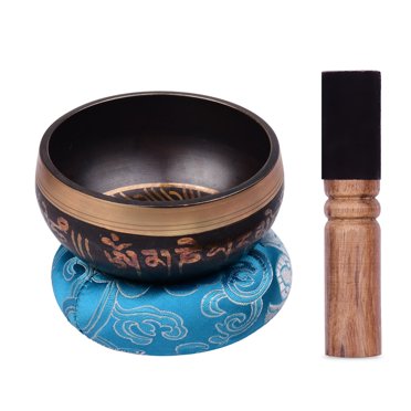 Tibetan Singing Bowl Set with 9.5cm/3.7inch Handmade Metal Sound Bowl & Soft Cushion(Random Color Delivery) & Wooden for Meditation Sound Chakra Healing Yoga Relaxation