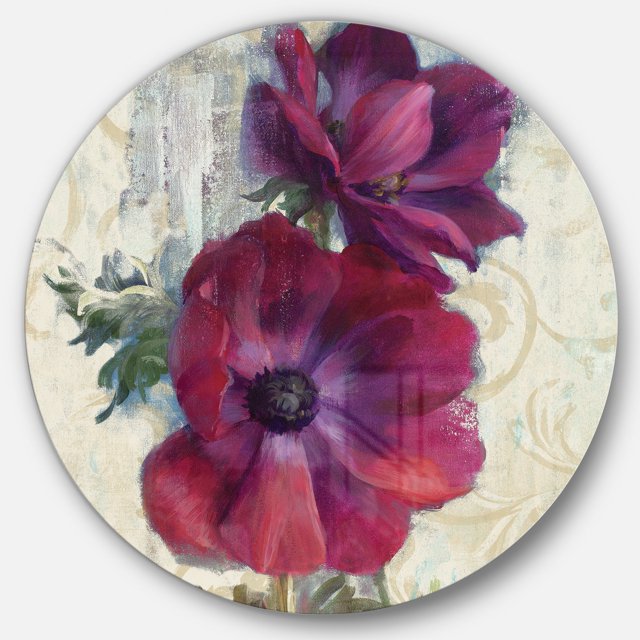 Designart 'Red Handpainted Anemone Flower' Farmhouse Metal Circle Wall Art - Disc of 36