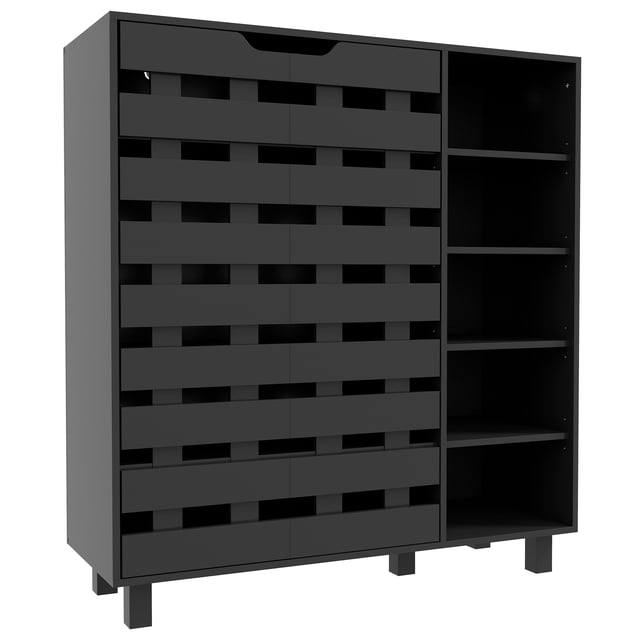 HOMCOM Armoire de Rangement pour Chaussures avec Armoire à 5 Niveaux et 5 Tablettes Ouvertes en Noir. Comprend une Armoire à Cinq Niveaux avec Portes Ajourées, Cinq Tablettes Latérales Ouvertes et une base Surélevée pour la ventilation. Fabriquée en Panneau de Particules, Elle Peut Contenir jusqu'à 21 Paires de Chaussures et Comprend des Tablettes Ajustables et Amovibles pour des Chaussures Plus Grandes. Dimensions : 34,3 Pouces de Large, 12,6 Pouces de Profondeur et 36,6 Pouces de Hauteur. Comprend une Trousse Anti-Basculement pour la Sécurité.