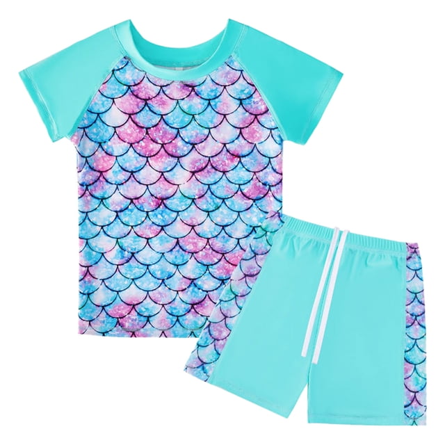 PMVFHDE Girls Scale Print Swim Set | Short Sleeve Rash Guard & Swim Shorts | Kids UV Protection Bathing Suit Sky Blue,7-8 Years