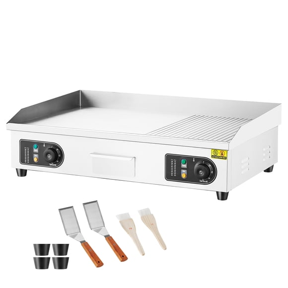 KFFKFF Professional Electric Griddle, 2800W Tabletop Semi-Flat Grill, 122℉-572℉ Customizable Temp, 28.74x15.75x0.39in Stainless Steel Grill Griddle with 2 Spatulas and 2 Brushes