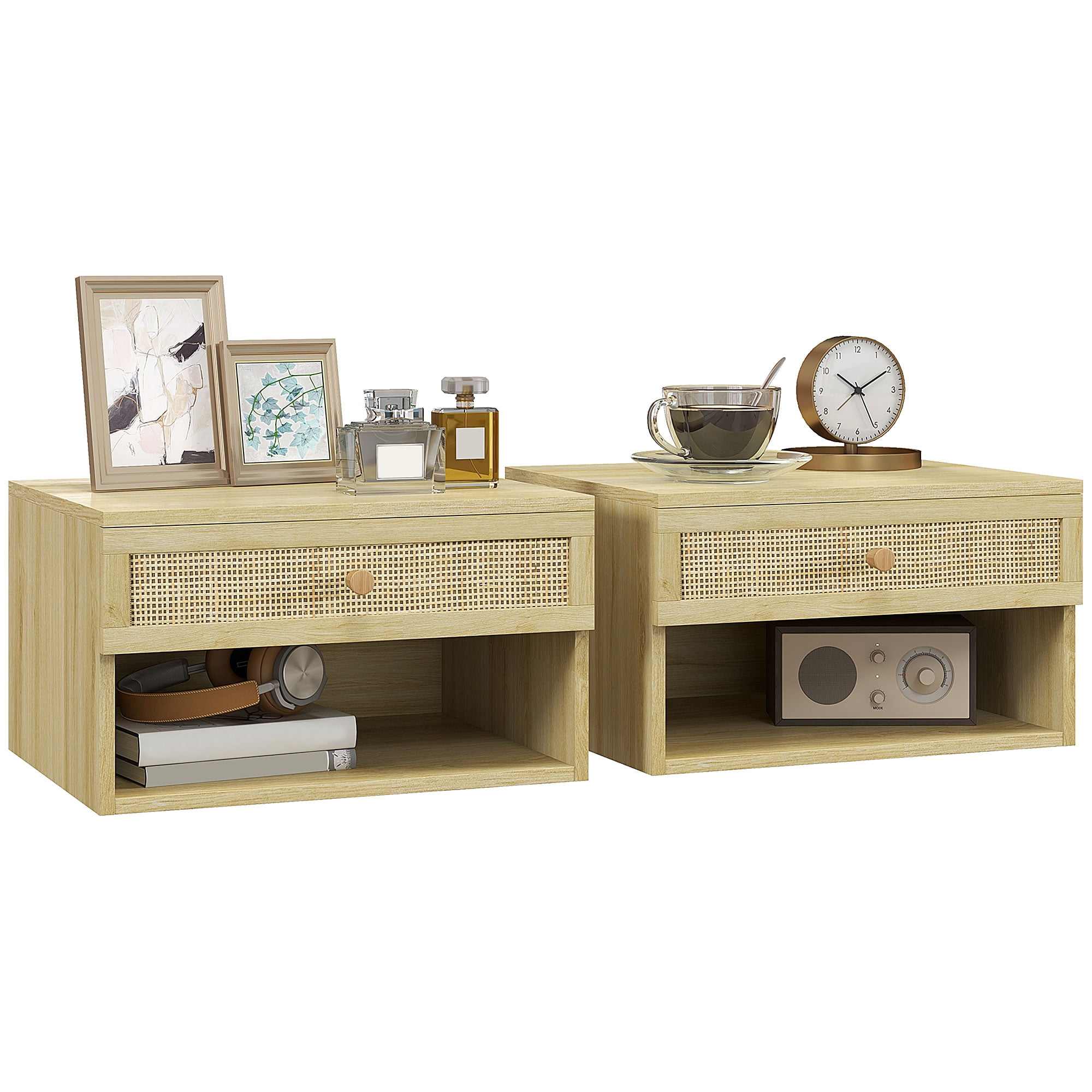 HOMCOM Floating Nightstand Set of 2, Bedside Table w/ Drawer and Open Shelf