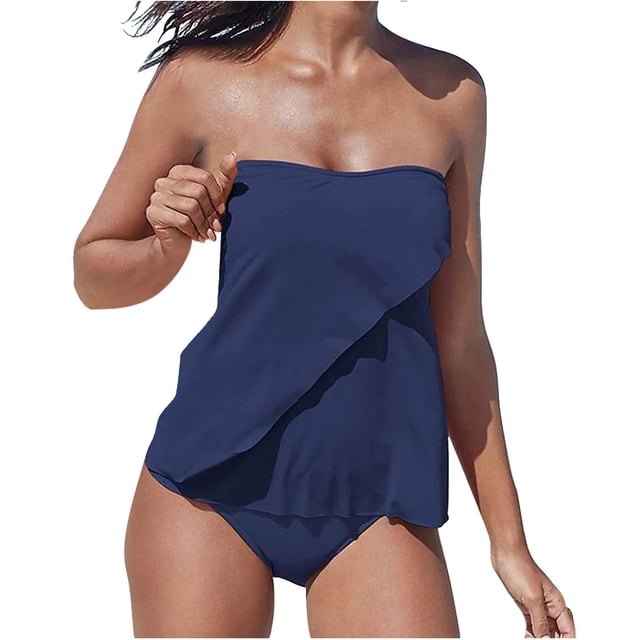 Penkiiy Womens Two Piece Bathing Suits Strapless Tankini Top Ruffle Design Swimsuit with Bottoms Swimwear S Navy