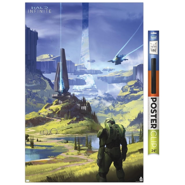 Halo Infinite - Master Chief Affiche Murale de la Vallée, 14,725 Pouces x 22,375 Pouces Encadrée, Représentant Master Chief en Armure Verte Debout sur une Colline Herbeuse Surplombant une Vallée avec des Lacs, des Falaises et une Grande structure en Anneau dans le Ciel, avec des Véhicules Volants Futuristes et un Ciel Bleu, Imprimée sur Papier d'Art photo Haute Résolution Lustré avec un Cadre Léger et une Pince à Affiche Facile à Accrocher.
