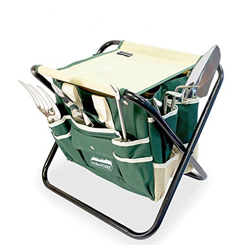 GardenHOME Garden Tool Set 7 Piece Gardening Tools 5 Sturdy Stainless Steel Gardening Tool Set , Heavy Duty Folding Stool, Detachable Canvas Bag