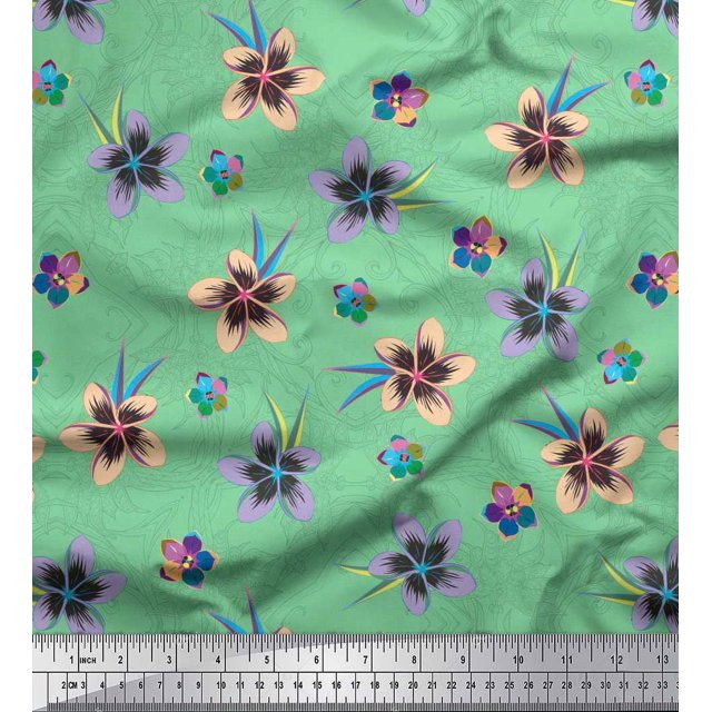 Soimoi Green Poly Georgette Fabric Leaves & Flower Floral Print Fabric by the Yard 42 Inch Wide