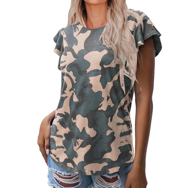 TIHLMK Hauts pour Femmes Mode Décontractée Impression Col Rond Volants Manches Courtes T-shirt Blouse Chandail