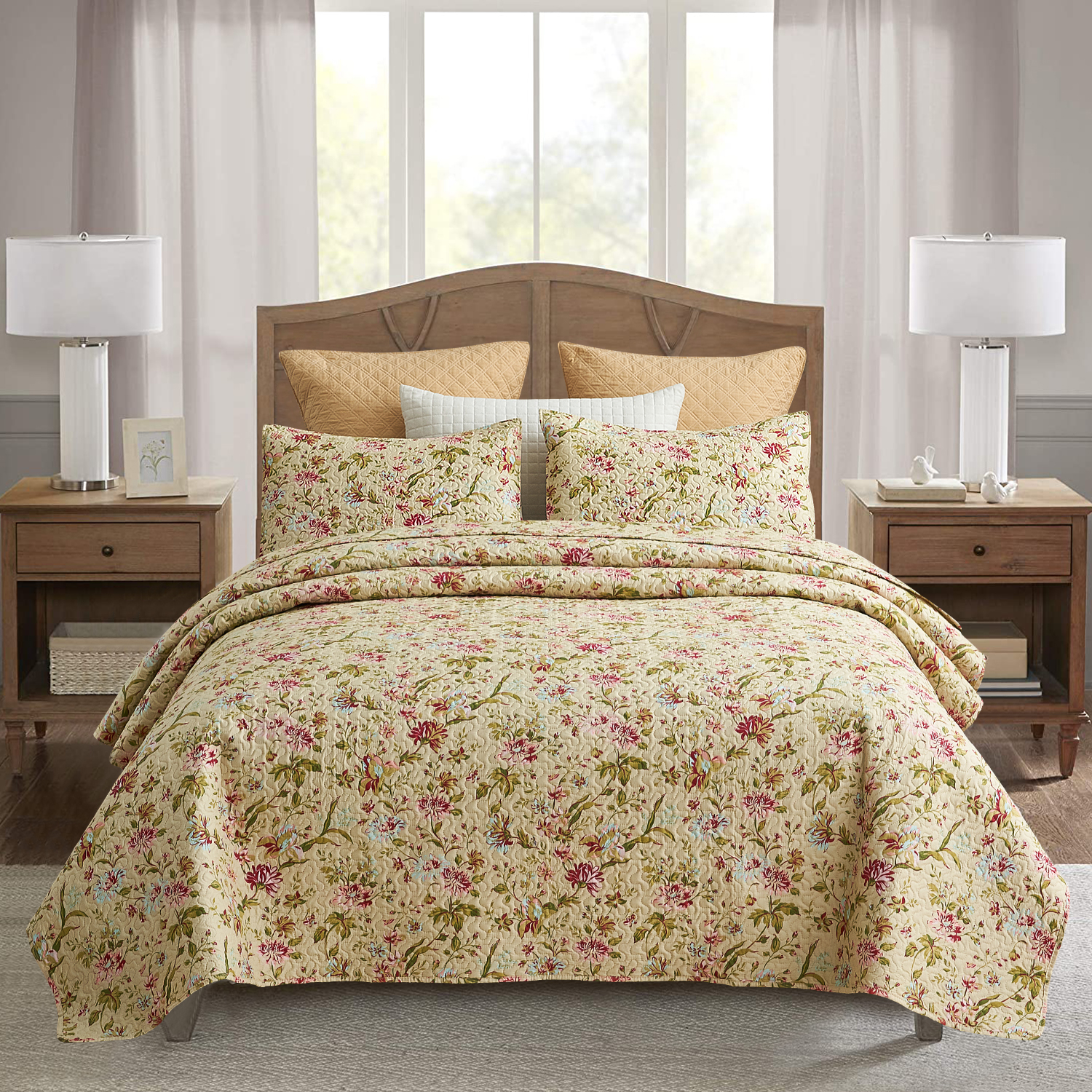 JML Quilt Set 3-Piece King Size, Soft Reversible 1 Quilt & 2 Shams Bedspread Coverlet Set,Beige Floral