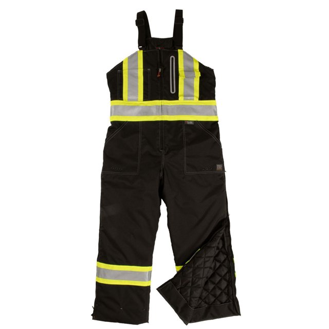 Salopette de Sécurité Isolée en Ripstop Noire avec Rayures Réfléchissantes Jaunes et Argentées de 3 m sur la Poitrine, la Taille et les Jambes. Comprend des Bretelles Ajustables, un Tissu Ripstop en polyester 300D Imperméable et Respirant avec Coutures Scellées, Isolation Matelassée de 6 oz visible sur les Jambes Ouvertes, Multiples Poches et un Ourlet Rabattable pour une extension de Longueur de 3 Pouces. Convient aux Environnements de Travail Froids et Humides.