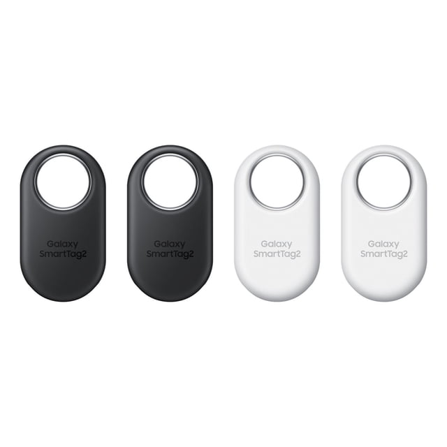 Samsung Galaxy SmartTag2 4 pack with two black and two white portable GPS trackers featuring rounded rectangular shapes and large circular keyring holes, suitable for smart home control and locating personal items.
