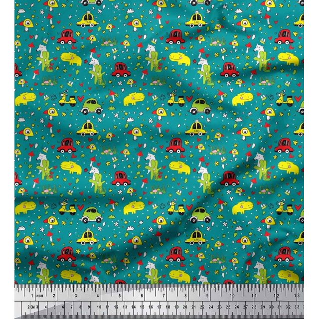 Soimoi Georgette Viscose Fabric Heart,Vehicles & Animals Cartoon Printed Craft Fabric by The Yard 42 Inch Wide