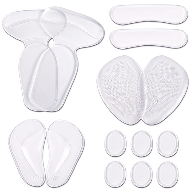 Heel Cushion Pads Set Clear High Heel Pads Gel Heel Grips Arch Cushions Inserts, featuring 14 clear gel pieces including heel cushions, arch inserts, forefoot pads, dot stickers, and heel liners. Designed for foot care, preventing shoe rubbing and slipping, ideal for high heels, leather shoes, and casual footwear.