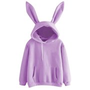 UPPADA Women Bunny Ear Hoodies Kawaii Pullover Tops Rabbit Ear Sweatshirt Cute Animal Hoodie for Teen Girls with Pocket Women Hoodies Pullover Purple,XL