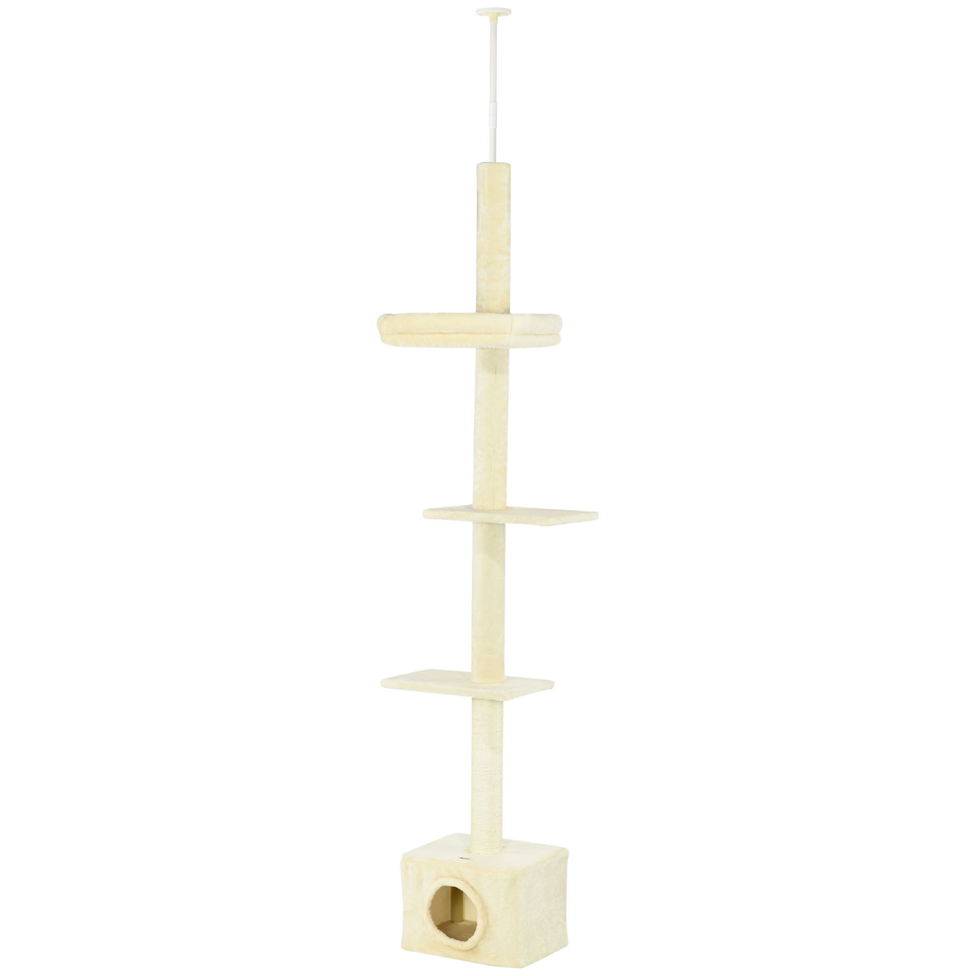 Beige Floor to Ceiling Cat Tree with Scratching Post - 91-102" Tall Cat Tower for Indoor Cats, House & Bed - Living Room & Bedroom Furniture