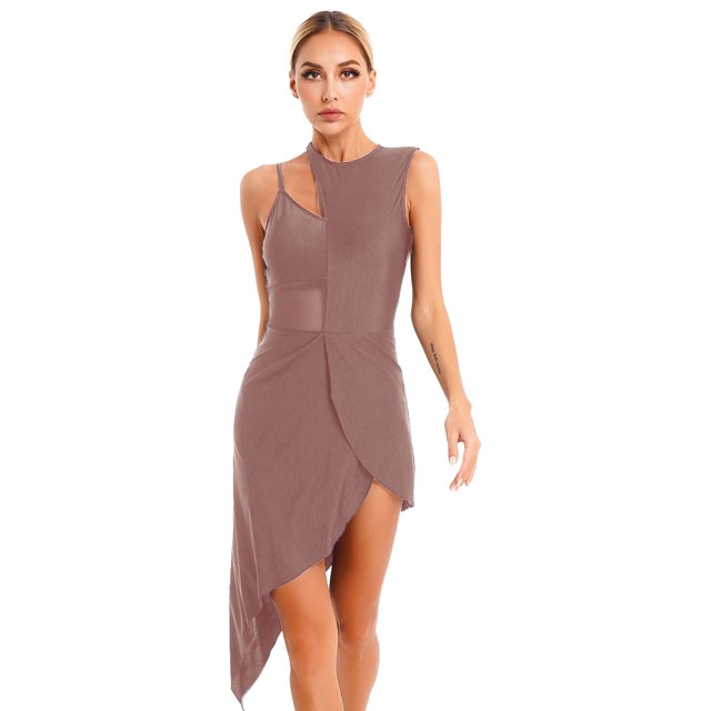 Aislor Robe de Danse Latine Salsa de Salle pour Femmes, Robe à Ourlet Asymétrique en Patchwork de Maille Transparente, Tenue de Danse, Brun, P