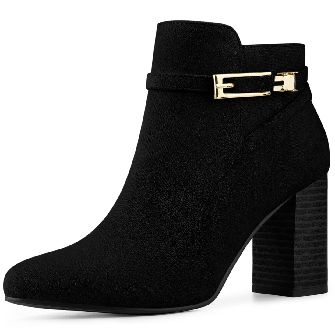 Unique Bargains Bottines à Talon Épais à Bout Rond avec Boucle pour Femme Noir US 9