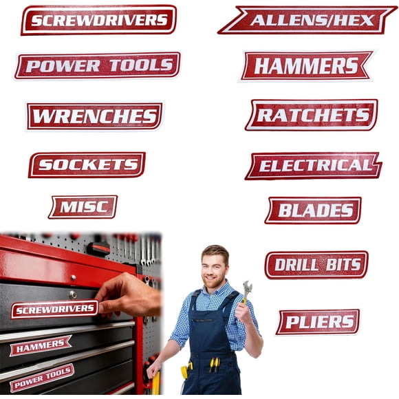 Set of 12 magnetic toolbox labels, 3D printed toolbox labels, reusable labels, universal toolbox organizing accessories, suitable for steel toolboxes, tool carts, drawers, and cabinets.,Red