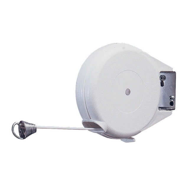 Ben-Mor 1 Line Indoor Outdoor Dryer with a white circular reel housing, 50-foot retractable clothesline, and metal mounting bracket for wall installation, ideal for indoor and outdoor laundry room storage and drying lightweight items in compact spaces.