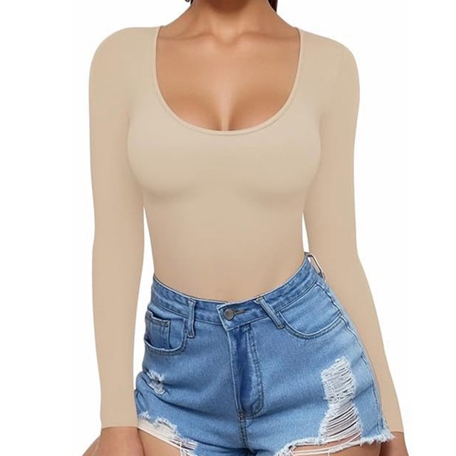 tarylea Women's Cute Tops U Neck Ribbed Slim Fitted Tops Long Sleeve Solid Color Shirts Casual Fall Going out Tops