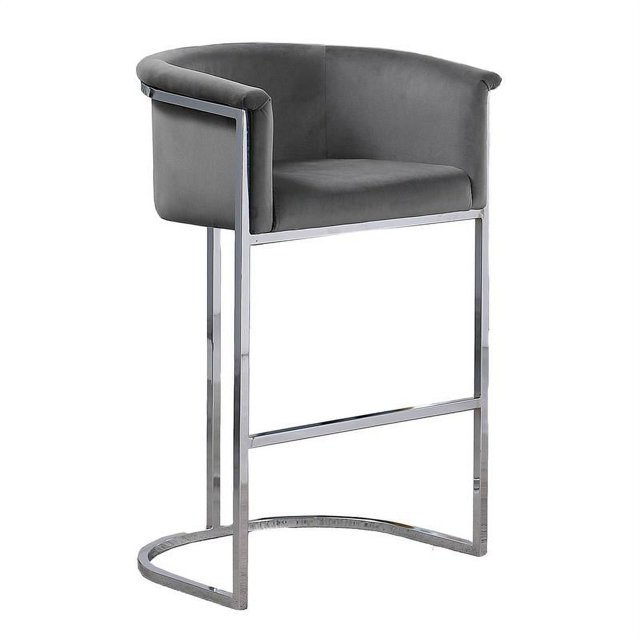 Tabouret de Bar en Velours Gris Foncé (Simple) avec Base en Métal Argenté Chromé