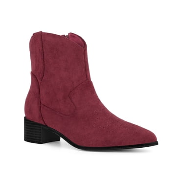 BLISSFUL STEP Pointed Toe Chunky Heel Western Ankle Boots for Women Burgundy 8