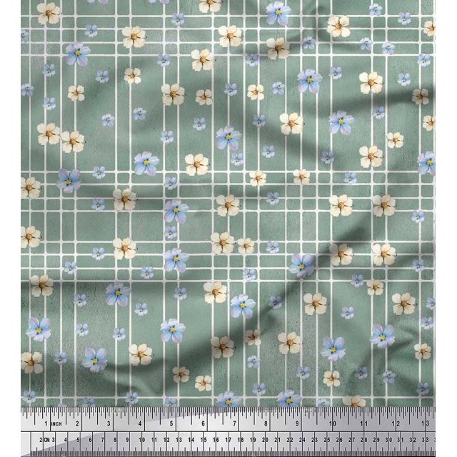 Soimoi Green Silk Fabric Check & Floral Print Fabric by Yard 42 Inch Wide