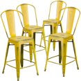 thumbnail image 1 of Commercial Grade 4 Pack 24" High Distressed Yellow Metal Indoor-Outdoor Counter Height Stool with Back, 1 of 9