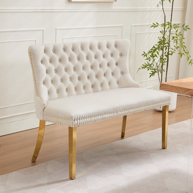 Velvet Double Dining Loveseat Bench, Kitchen & Dining Seating, 2-Seat Tufted Bench w/Handmade Buttons, Wing Back, Gold-Plated Steel Legs, Mid Century Modern,Single Pack,Beige,CA1602BG