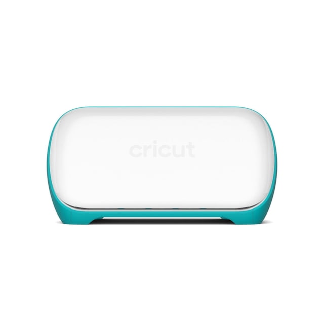 Cricut Joy™ Smart Cutting Machine in teal and white, front-facing compact design with rounded edges and embossed Cricut logo, ideal for cutting and writing on vinyl, cardstock, and Smart Materials for personalized arts and crafts projects