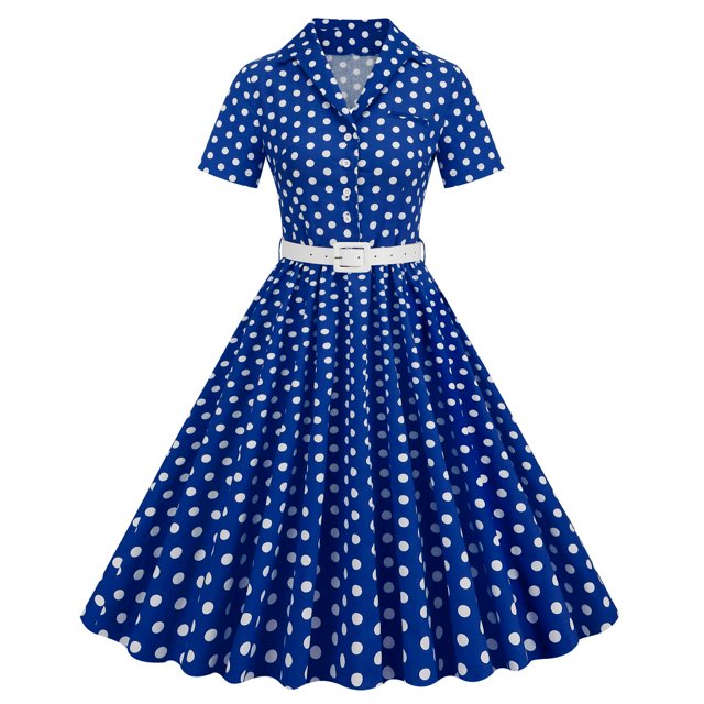 Birdeem Robe de Soirée pour Femme Confortable d'Été à Manches Courtes, Col en V, Vintage, Coupe Régulière, Imprimé à Pois