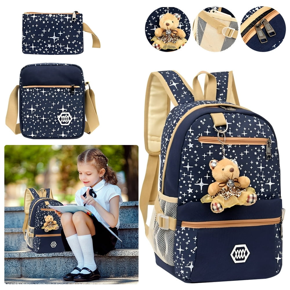 4Pcs School Backpack Set Backpack Set with School Bag Crossbody Bag Storage Bag and Bear Pendant Canvas Backpack Set Teen Backpack Set for School Kid Travel