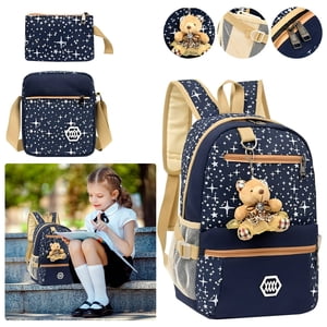 4Pcs School Backpack Set Backpack Set with School Bag Crossbody Bag Storage Bag and Bear Pendant Canvas Backpack Set Teen Backpack Set for School Kid Travel