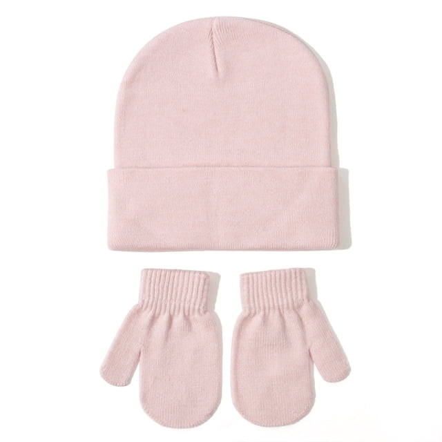 FAOWME Baby Knitted Hat And Glove Set Versatile Solid Color Fall Children Wool Pullover Hat Pink S
