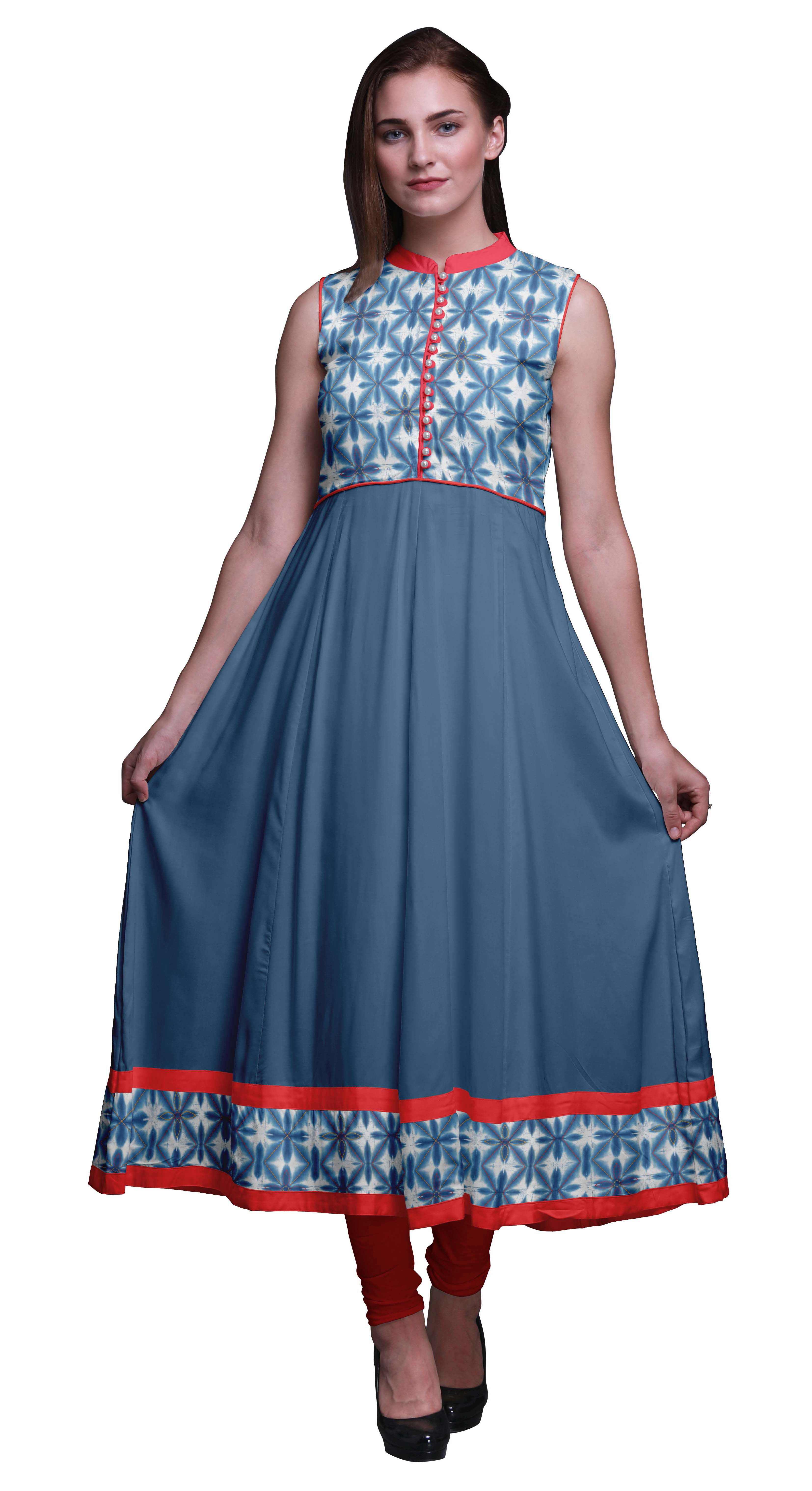 Bimba Robe Anarkali à Col Mandarin pour Femme, Imprimée Shibori Indigo Bleue, Kurta Ethnique Indienne, Très Grande