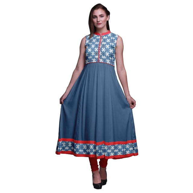 Bimba Robe Anarkali pour Femmes à Col Mandarin Imprimée Shibori Bleu Indigo Ethnique Indienne Kurta X-Small