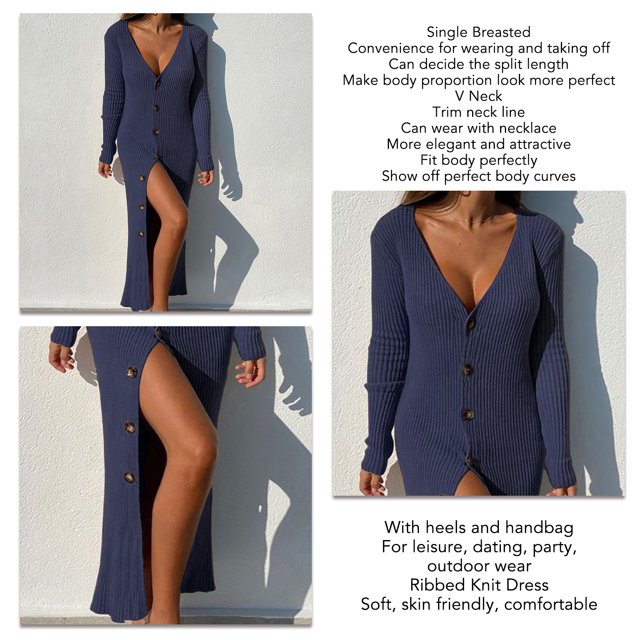 Womens Deep V Neck Button Down Long Knit Sweater Dress Bodycon Long Sleeves Sweater Maxi Dress
