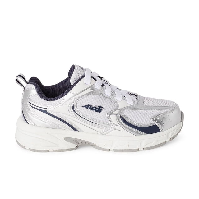 Avia Boys' Sneakers front-facing youth athletic shoes with synthetic, faux-leather and mesh upper. Round toe, lace-up closure, heel pull loop and thick cushioned midsole; non-marking rubber outsole for traction. Ideal for kids' school days and playground play.