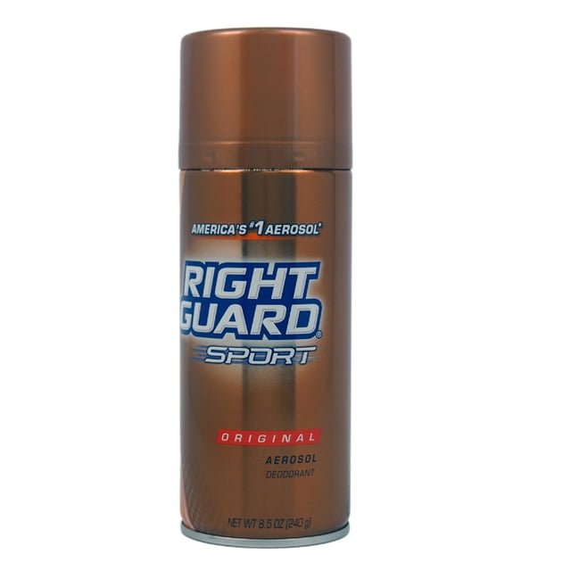 Right Guard Sport Deodorant Aerosol Spray, Original, 8.5 oz. A bronze-colored can with bold blue and white branding, featuring 'America's #1 Aerosol' and 'Original' labels. Designed for 24-hour odor protection, anti-stain formula, and quick-drying application.