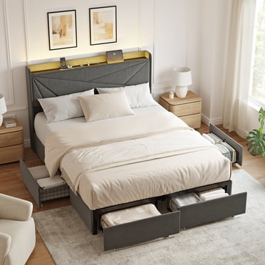 GUNAITO Cadre de Lit Format Grand avec 4 Tiroirs de Rangement, Lit Rembourré à DEL avec Ports USB, Lit Moderne avec Tête de Lit, Lit Plateforme Sans Bruit avec Cadre en Métal, Gris Foncé