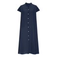 thumbnail image 2 of biudgviw Robe Femme en Coton et Lin à Col en V à Manches Courtes Boutonnée Robe Midi d'Été Décontractée avec Poche, 2 of 6