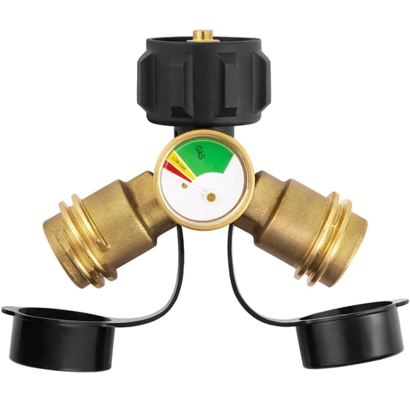 GASPRO Propane Splitter with Gauge with QCC1/Type 1 Connection, Propane Gas Level Gauge, Propane Tank Splitter 2 Way Adapter for 5-20lb Propane Tanks, Fits BBQ Grill, RV, Camper, Heater & Fire Pit